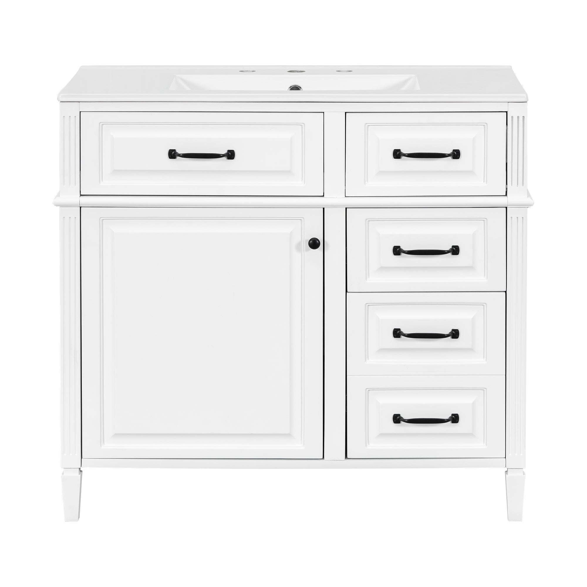 VanityFus 36-in Bathroom Vanity White Single Sink Combo with Ceramic Top 1 Door 4 Drawers Adjustable Shelves
